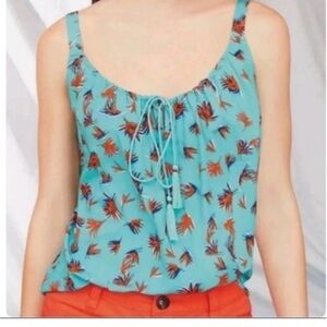 CAbi Palm Print Tank W/ Tassel Tie, Teal and Orange, Size Medium, EUC